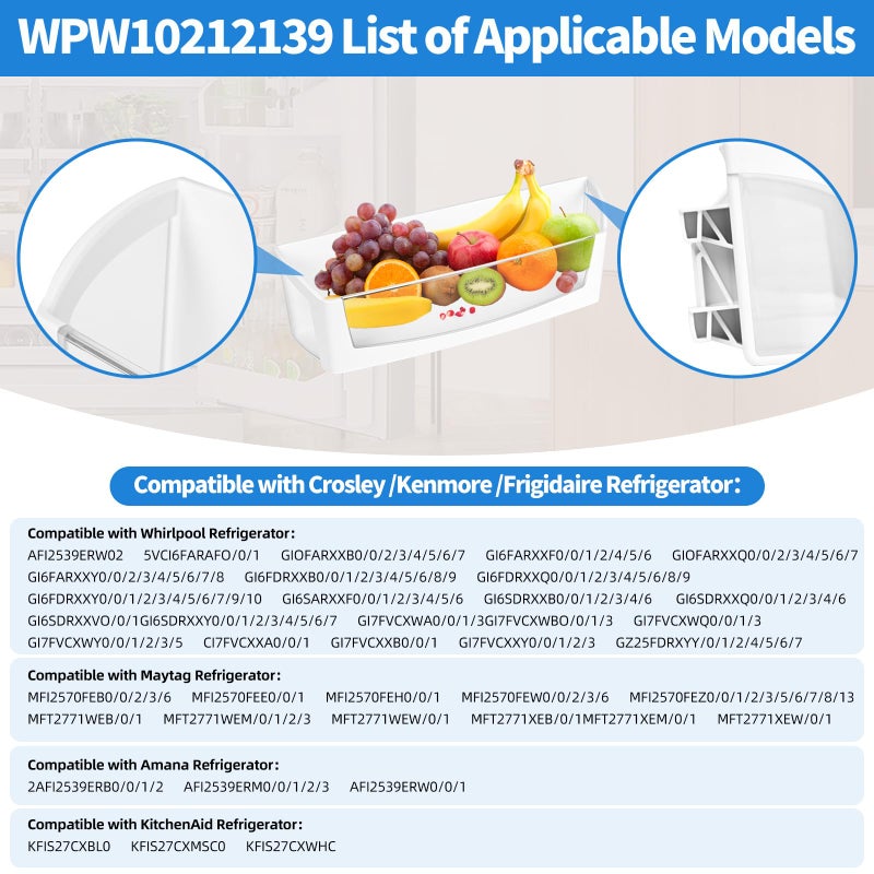 W10212139 WPW10212139 صندوق رف باب الثلاجة متوافق مع رف أجزاء ثلاجة Maytag Whirlpool WPW10212139 استبدال صندوق الكابولي 1547748 PS11750465 AP6017170 صندوق الباب الأيسر للثلاجة - Image 5